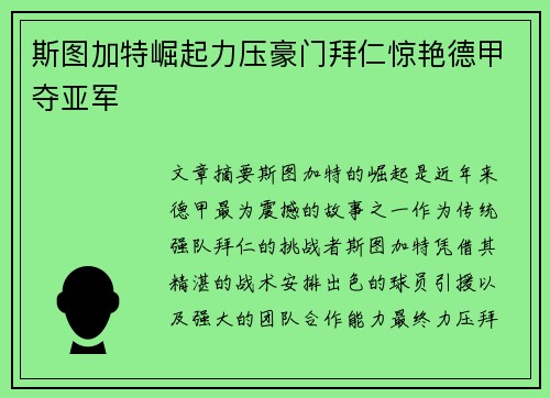 斯图加特崛起力压豪门拜仁惊艳德甲夺亚军 斯图加特崛起力压豪门拜仁惊艳德甲夺亚军