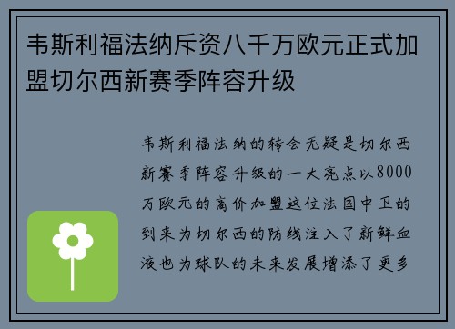 韦斯利福法纳斥资八千万欧元正式加盟切尔西新赛季阵容升级